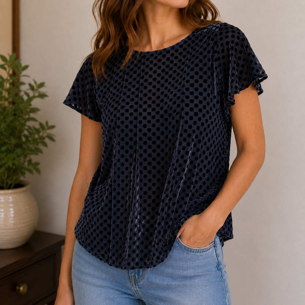 LOFT Womens Velour Polka Dot Flutter Sleeve Blouse Size 22 Dark Blue Career